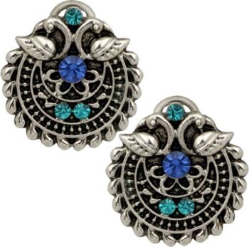 Silver Oxidized Traditional Green and Blue Crystal Stud...